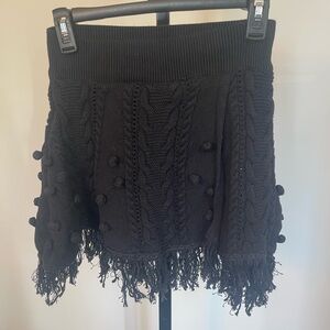 Free People Black Mini Knit Skirt with Fringe and Pom Poms Size XS NWOT